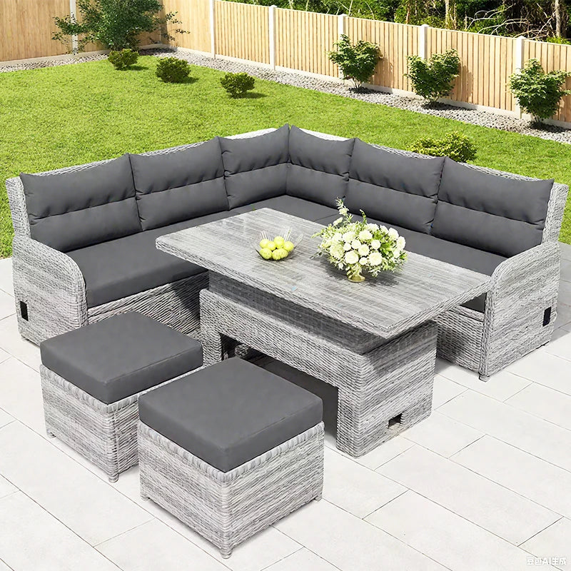 Best Selling Patio Furniture Garden Rattan Sofa Set Outdoor Restaurant PE Rattan L Shape Sectional Chaise Sofas with Tea Table