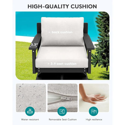 Outdoor Swivel Chairs, All-Weather Patio Swivel Sofas with Thick Cushions for Porch, Balcony, Black Frame with Beig