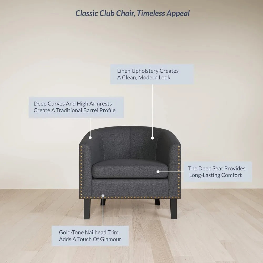 Accent Barrel Chair, Modern Tub Club Chair Upholstered Armchair with Gold Nail Head Trim and Black Legs for Living Room