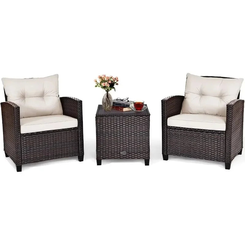 3 Pieces Patio Furniture Set, PE Rattan Wicker 3 Pcs Outdoor Sofa Set w/Washable Cushion and Tempered Glass Tabletop