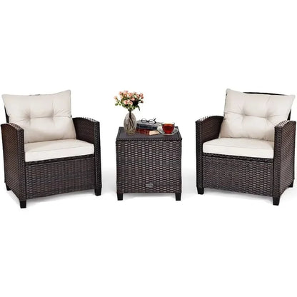3 Pieces Patio Furniture Set, PE Rattan Wicker 3 Pcs Outdoor Sofa Set w/Washable Cushion and Tempered Glass Tabletop
