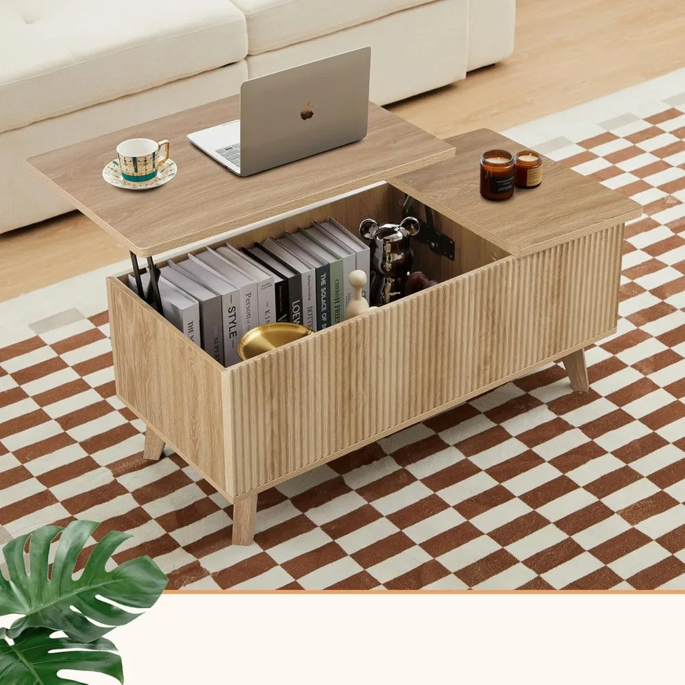 Wooden Fluted Lift Top Coffee Table with Hidden Compartment, Modern Rectangle Center Tables with Adjustable Storage Shelf, Lift