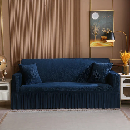 Luxury 1/2/3/4 Seater Slipcover with Elegant Skirt Solid Color Thickened Crystal Velvet Jacquard European Full Cover Non-Slip