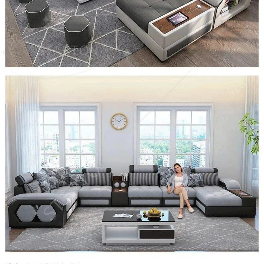 U-Shaped Sectional Fabric Sofa Set - Modern Living Room Furniture with Storage, and Cushions