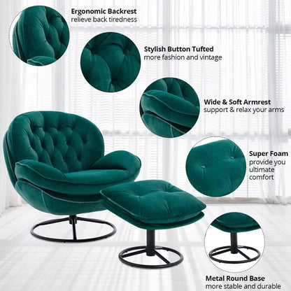 luxurious velvet swivel chair and ottoman set, contemporary lounge chair with metal frame and footrest, cozy single relaxation s