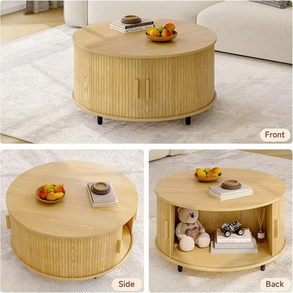 Round Coffee Table with Storage, 31.5" Modern Coffee Table with 360° Curved Sliding Door, Fluted Wood Accent Coffee Table with