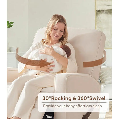 Swivel Recliner Chair with Lumbar Support, Nursery Rocking Chair for Bedroom, Upholstered Armchair with Pillows and Footrest for