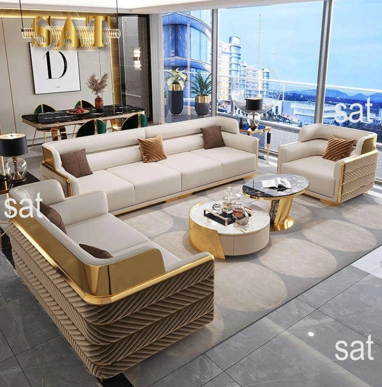 Wholesales Luxury Living Room Sofa Set Gold Stainless Steel Backing Chesterfield 321 Seater Couch for Hotel Home