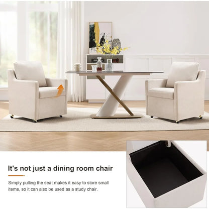 Linen Dining Chair with Casters Modern Storage Seat Design for Relaxing Upholstered Arm Chair, Single Sofa Chair