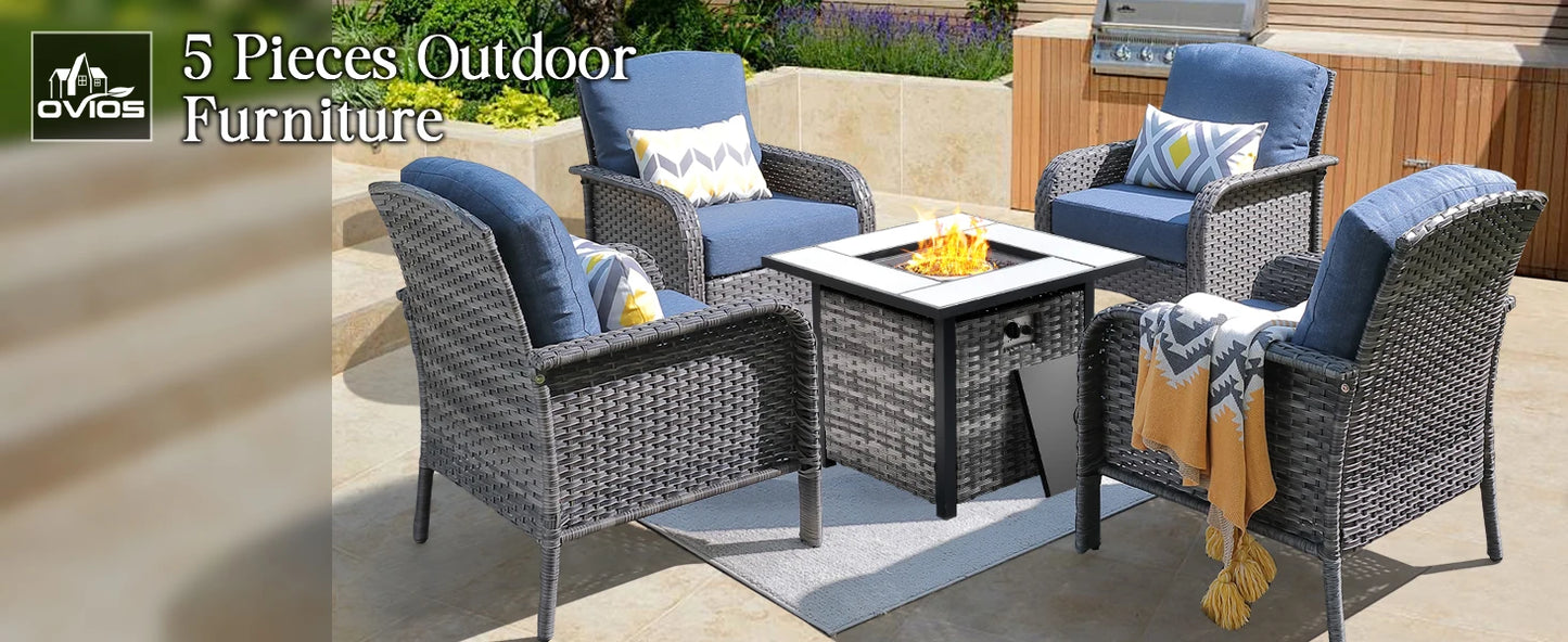 4 Pieces Patio Furniture Set with 30" Fire Pit Table, Outdoor Wicker Chairs of 4, All Weather High Back Rattan Chairs 4-Seater w