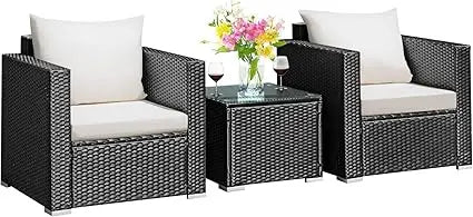 3-Piece Outdoor Patio Furniture Set, Cushioned Armchairs and Tempered Glass Coffee Table, Wicker Rattan Sofa Set for Gar