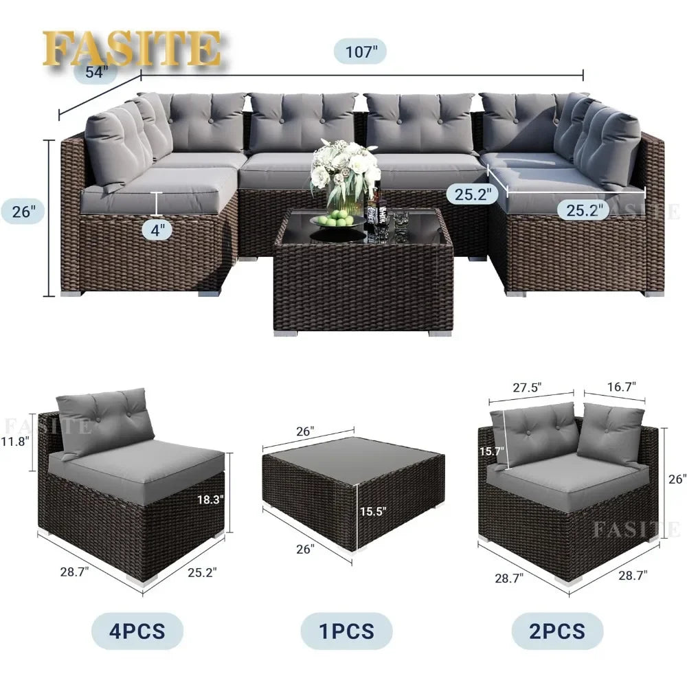7 Pieces Patio Sofa Set Outdoor Furniture Sectional All-Weather Wicker Rattan with Back Cushions,Garden Sofa Conversation Grey