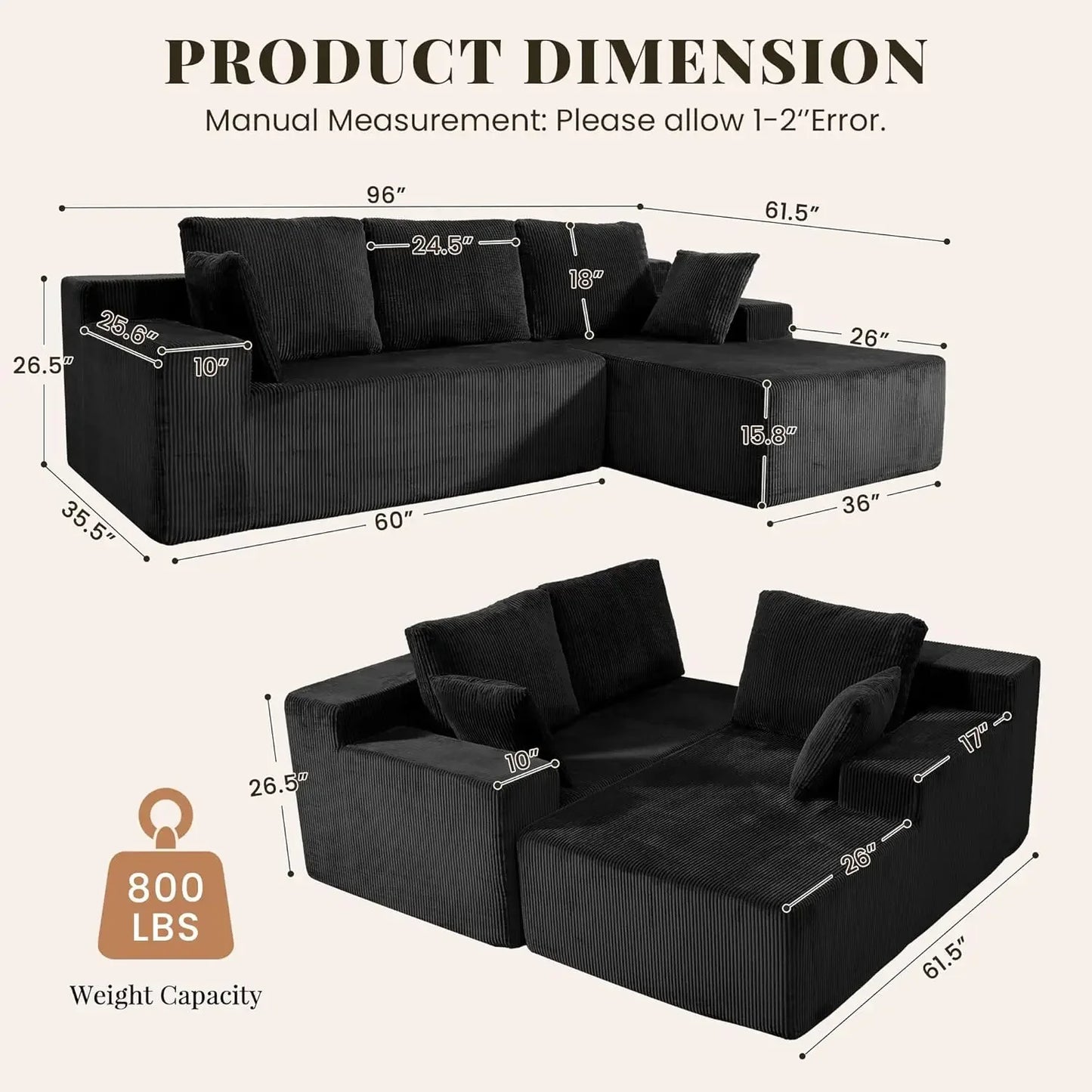 Modular L Shaped Couch for Living Room, Deep Seat Sectional Sofa with Chaise, Memory Foam, No Assembly, Black