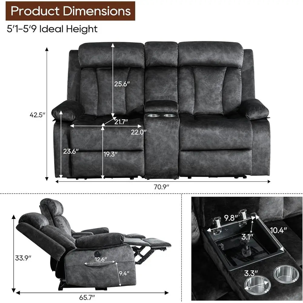 2-Piece Grey Reclining Couch Set with Padded Seats and Cup Holders for Living Room, Office, or Home Theater