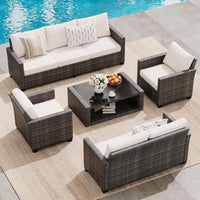 5 Piece Outdoor Patio Furniture Set with Coffee Table, Rattan Deck Conversation Sofa Set, All-Weather Sectional Rattan Sofa with