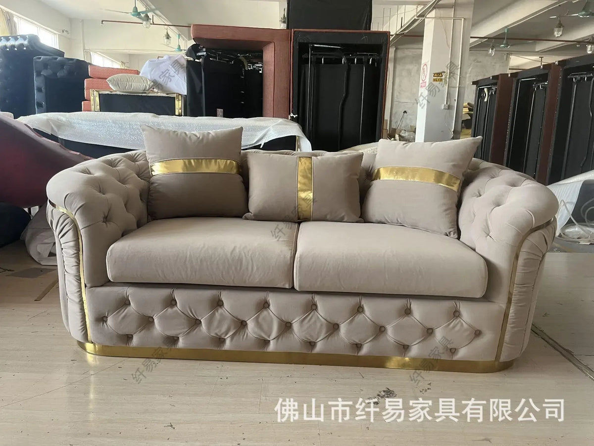 pg45American fabric buckle sofa European light luxury velvet simple straight sofa