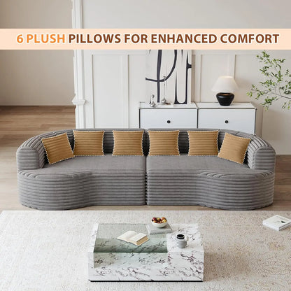 Oversized Curved Sectional Sofa, 106” Modern Boneless Modular 4-Seater Couch with 6 Pillows Corduroy Deep Seat Sofas, Custom