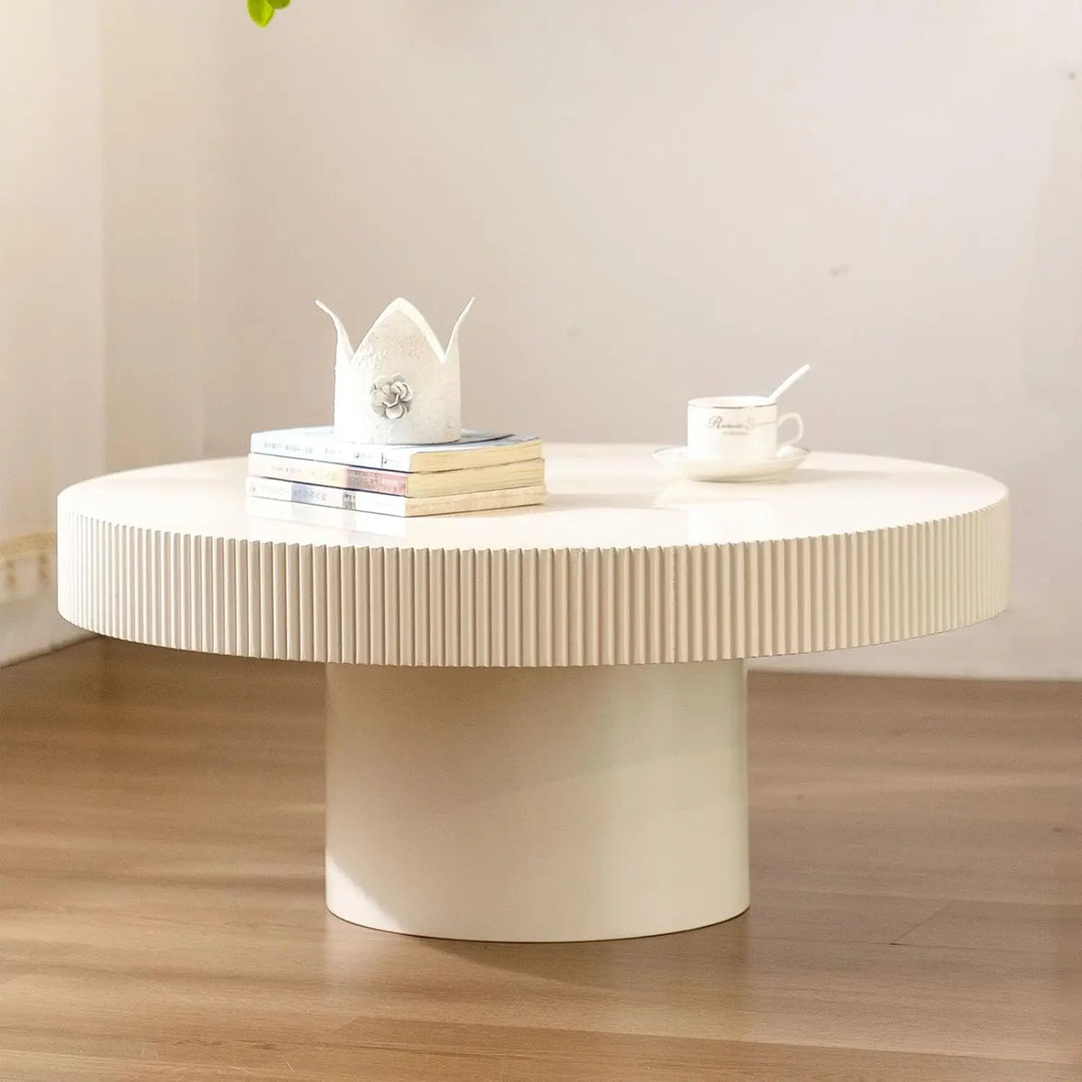 Round Coffee Table, Handcrafted Fluted Drum Coffee Tables Modern Wood Coffee Table Circle Drum Center Table For Living Room