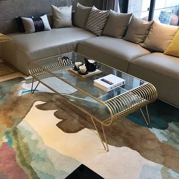 Modern Nordic Living Room Wrought Iron Rectangular Coffee Table Glass Coffee Table Set