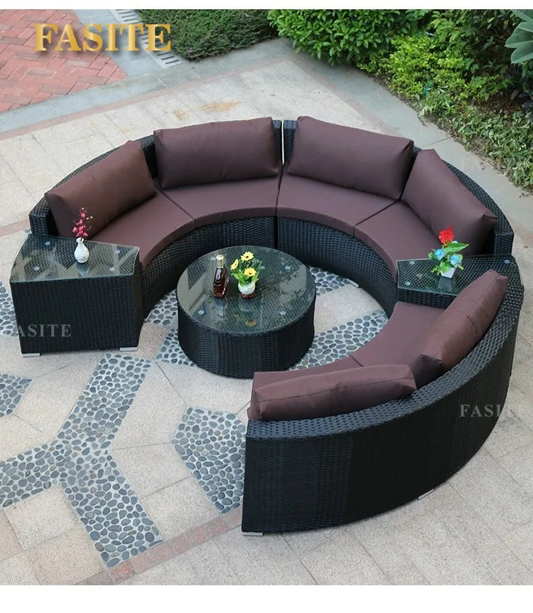 Outdoor round rattan sofa combination garden courtyard semi-circular rattan chair outdoor hotel curved living room