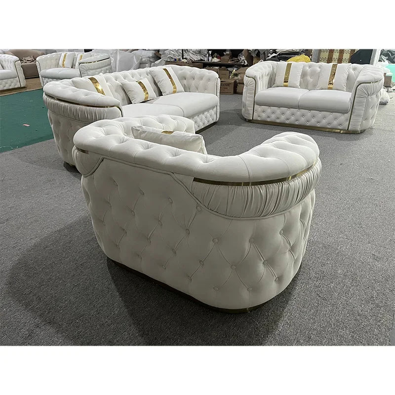 Luxury Rose Gold Leg White Chesterfield Sofa Velvet Fabric Button Tufted Living Room Couch Set Furniture