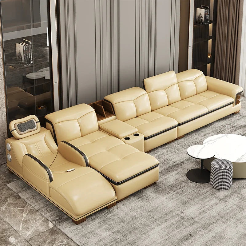 Premium Smart leather sofa massage for left and right noblewomen, cowhide solid wood living room corner small unit