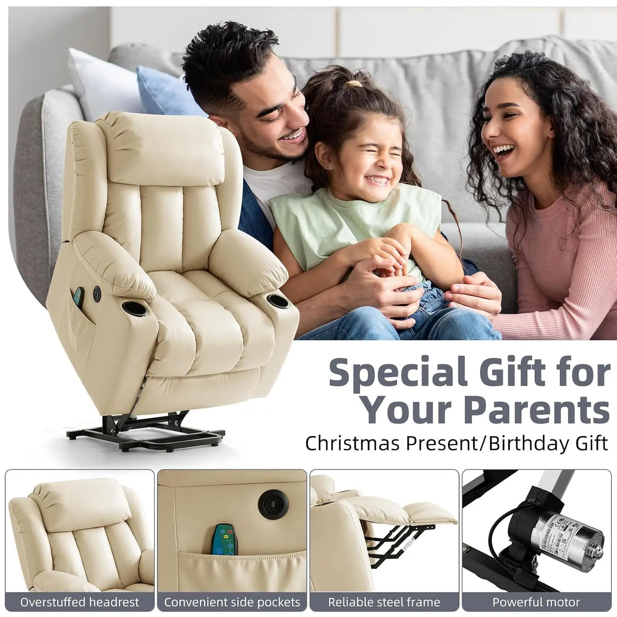 Leather Power Lift Recliner Chair for Elderly Cream Customized Comfortable Living Room Furniture Home Health Care Equipment