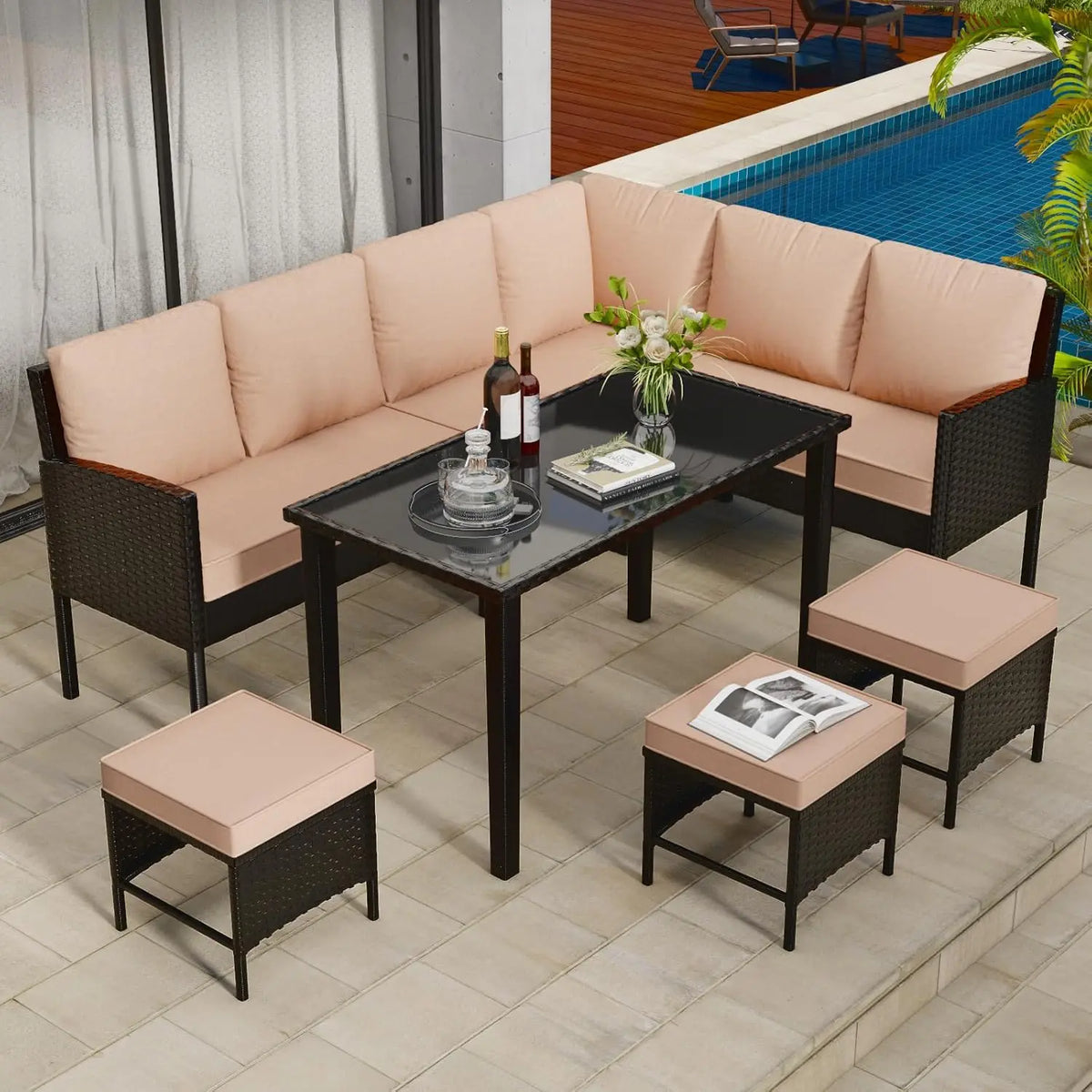 7-Piece Patio Furniture Set, Outdoor Couch with Dining Table & Ottomans, PE Rattan Sofa Set with Cushions for Deck, Yard, Poolsi
