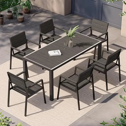 Outdoor Dining Set for 6, Patio Table and Chairs Set, Aluminum Patio Furniture Set with Umbrella Hole, HDPS Patio Dining Table S