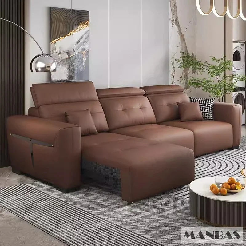 Genuine Leather Electric Convertible Sofa Bed with Adjustable Headrest, Multifunctional Folding Sofa Beds for Cinema Living Room