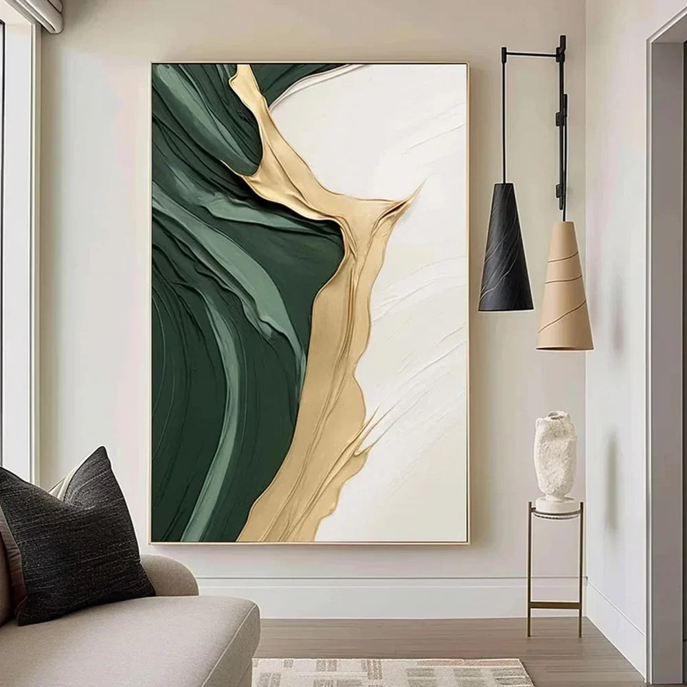 Golden green minimalist abstract art canvas painting, high-quality wall painting poster printing, living room bedroom porch h
