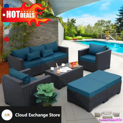 Patio Furniture Set 6 Pieces Couch Outdoor Chairs Coffee Table Peacock Blue Anti-Slip Cushions and Waterproof Covers