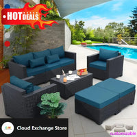 Patio Furniture Set 6 Pieces Couch Outdoor Chairs Coffee Table Peacock Blue Anti-Slip Cushions and Waterproof Covers