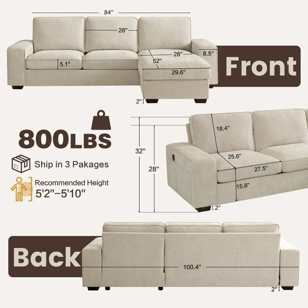 L-Shaped Sectional Couch with Storage, Sofa with Reversible Chaise, USB Type-C Charging, Chenille Fabric, Removable Cu