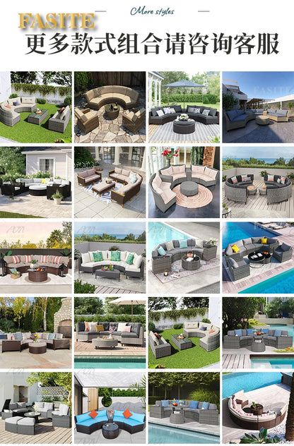 Sofa, courtyard, garden, leisure, outdoor living room, semi circular curved rattan chair, terrace, outdoor furniture combination