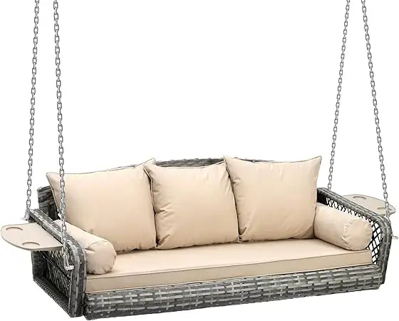 3 Person Porch Swing Patio Wicker Hanging Porch Swing Chair Outdoor Rattan Swing Bench with Cushion and Pillow for Garden, Yard