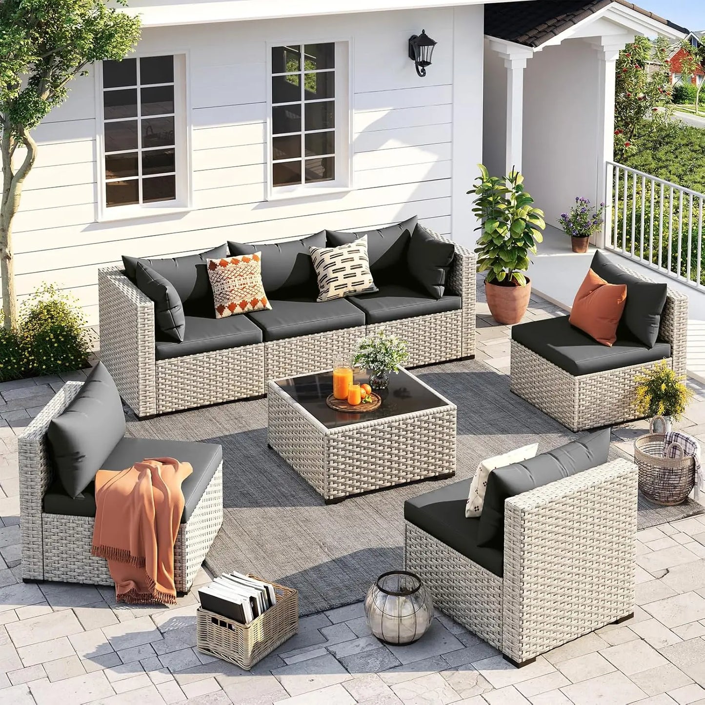 Outdoor Patio Furniture Set, 7-Piece PE Wicker Sectional Sofa with Tea Table, Outdoor Conversation Set for Patio,