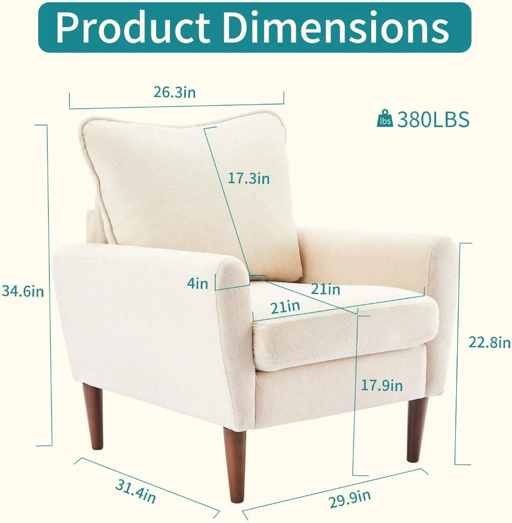 Fauteuil d'appoint confortable pour salon, chambre et salle d'attente, fauteuil de lecture rembourré de style mid-century avec coussin et structure en bois massif