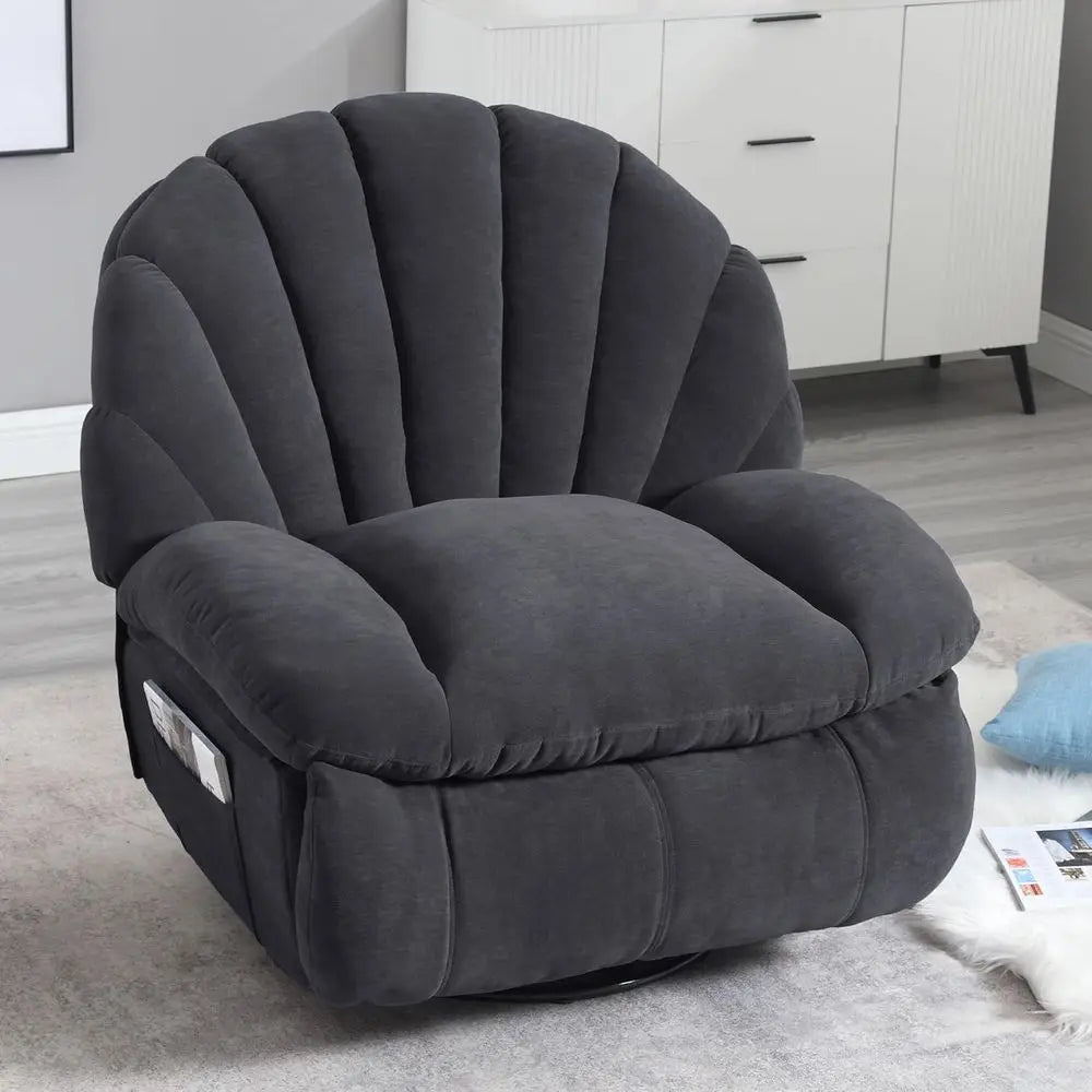 Gray Swivel Recliner Chair with Comfortable Fabric, 360-Degree Rotation, Storage, and Electric Recline for Living Room or Bedroo