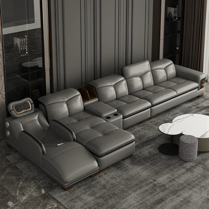 Smart Leather Sofa Massage for Left and Right Noblewomen, Cowhide Solid Wood Living Room Corner Small Unit