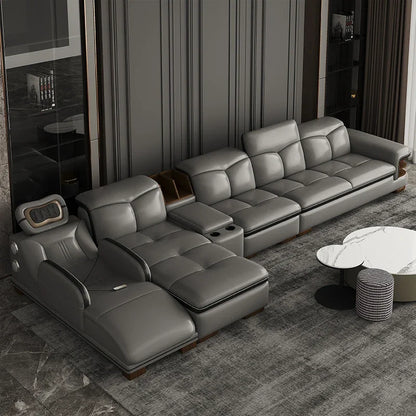 Smart Leather Sofa Massage for Left and Right Noblewomen, Cowhide Solid Wood Living Room Corner Small Unit