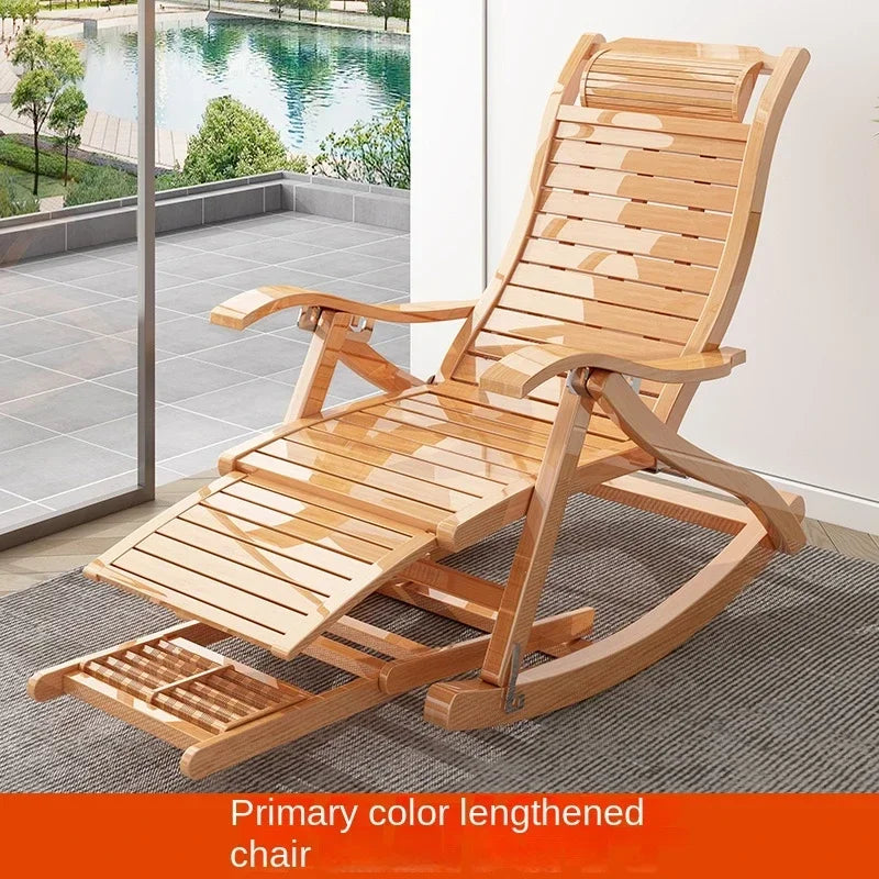 UVR Adult Recliner Folding Rocking Chair Living Room Armchair Bed Office Lunch Break Nap Backrest Stool Bamboo Chaise Longue