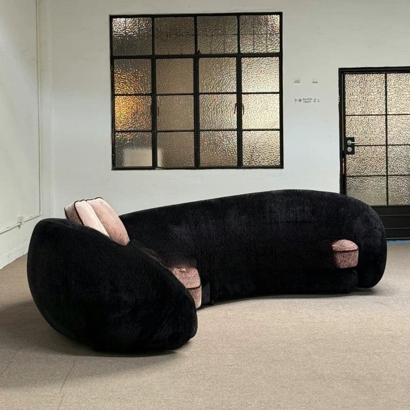 Retro old money wind curved design special-shaped large flat-layer fabric sofa lamb wool semi-circular moon sofa