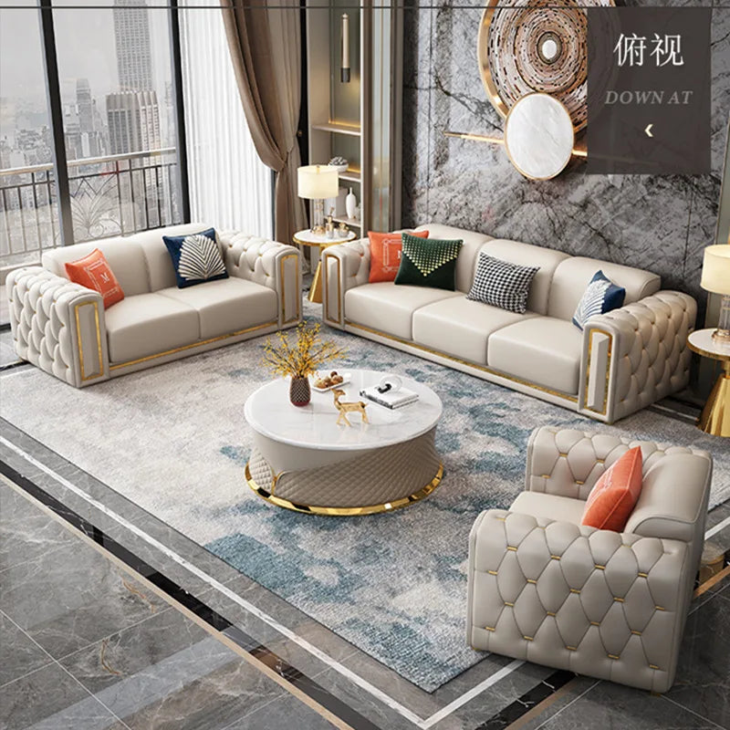 Cross-border Light Luxury Sofa Simple Modern Leather Sofa Italian Minimalist Villa Living Room Buckle Leather Sofa Combination