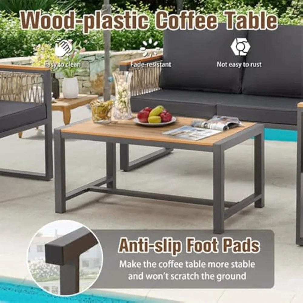 4 Pieces Outdoor Patio Furniture Set with Solid Wood Handrails, Plastic-Wood Balcony Furniture with Wicker Arm Panel, All