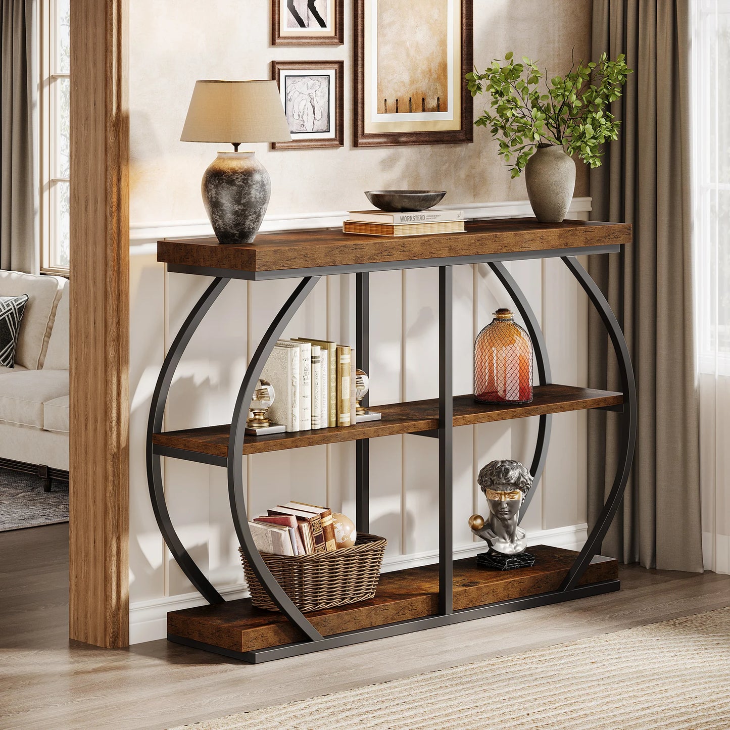 Tribesigns 41.3" Console Table, Industrial 3-Tier Entryway Table with Arched Metal Frame and Storage Shelves for Living Room