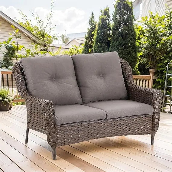 Wicker Sofa Brown Rattan Loveseat Outdoor Couch with Chrysanthemum Armrest & Water Resistant Cushions Sofa for Garden Balcony