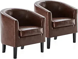 Living Room Chairs Set of 2, Faux Leather Round Accent Barrel Chairs, Club Tub Sofa Chairs for Bedroom, Corner Chairs with Flar