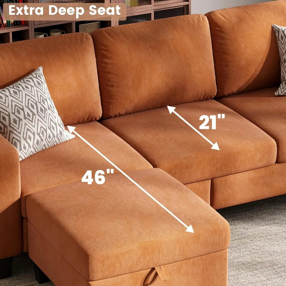 Sectional Sofa and Couches for Living Room, 78'' Orange 3 Seat L-Shaped Couch with Movable Ottoman, Comfy Velvet Convertible Sec