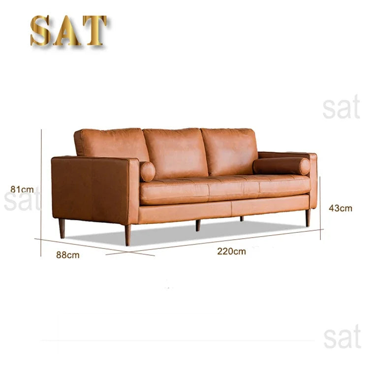 for Mid Century Modern Genuine Leather 3 Seat Sofa Home Furniture Vintage Wood Leg Sofa Living Room Sofas Set